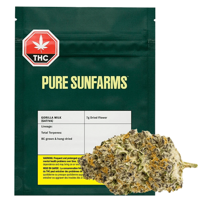 A close-up of the Pure Sunfarms Gorilla Milk package shows the product title and branding on a white background.