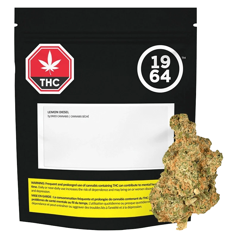 Lemon Diesel packaging with a bold, graphic design featuring a cannabis leaf and numerical text on a black background.