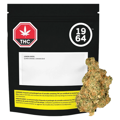 Lemon Diesel packaging with a bold, graphic design featuring a cannabis leaf and numerical text on a black background.