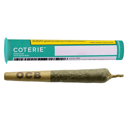 Close-up of the Purple Zushi Pre Rolled 3 x 0.5 g pre-rolls, displaying a white package with black and purple branding.