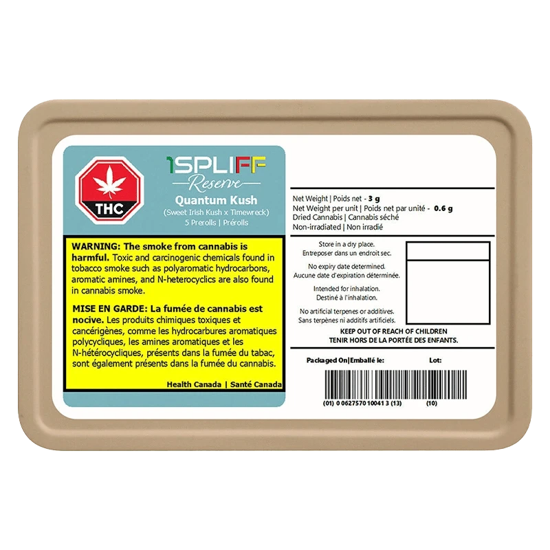 Close-up of the Quantum Kush Premium Glass Tip Pre Rolled 5 x 0.6 g packaging, displaying warning labels against a dark background.