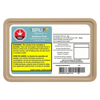 Close-up of the Quantum Kush Premium Glass Tip Pre Rolled 5 x 0.6 g packaging, displaying warning labels against a dark background.