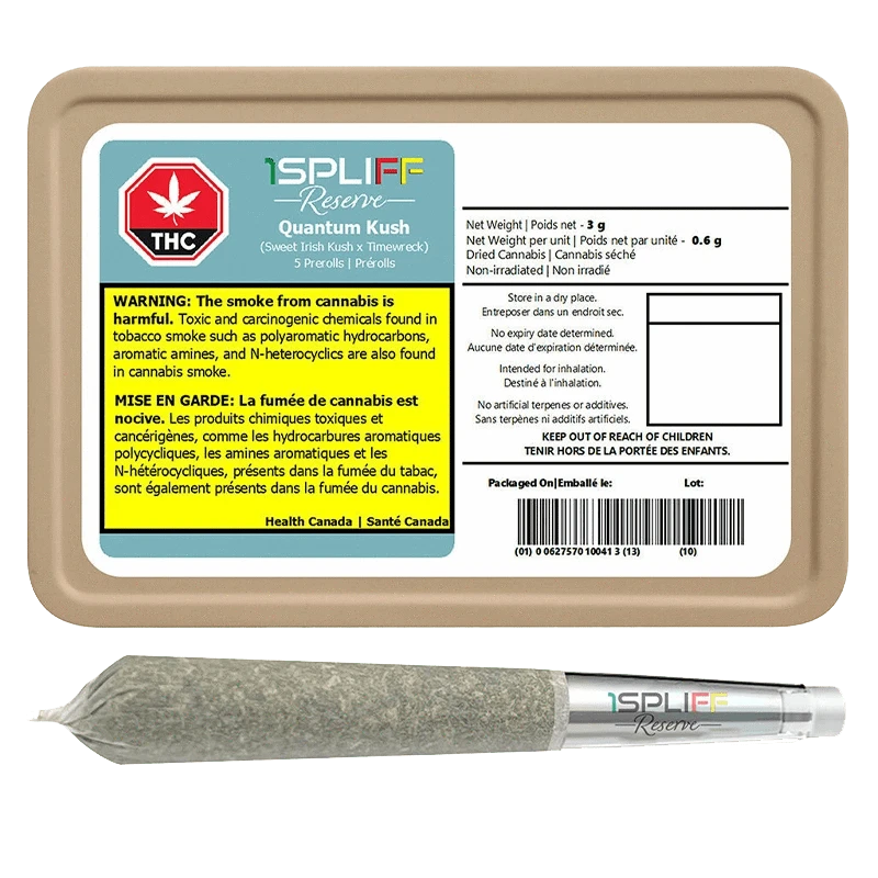 A close-up of the Quantum Kush Premium Glass Tip Pre Rolled 5 x 0.6 g packaging with a vibrant green cannabis leaf and warning text.