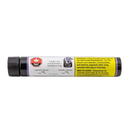 Close-up of the Orange Crush Pre Rolled 3 x 0.5 g packaging, displaying warnings against use under age 25.