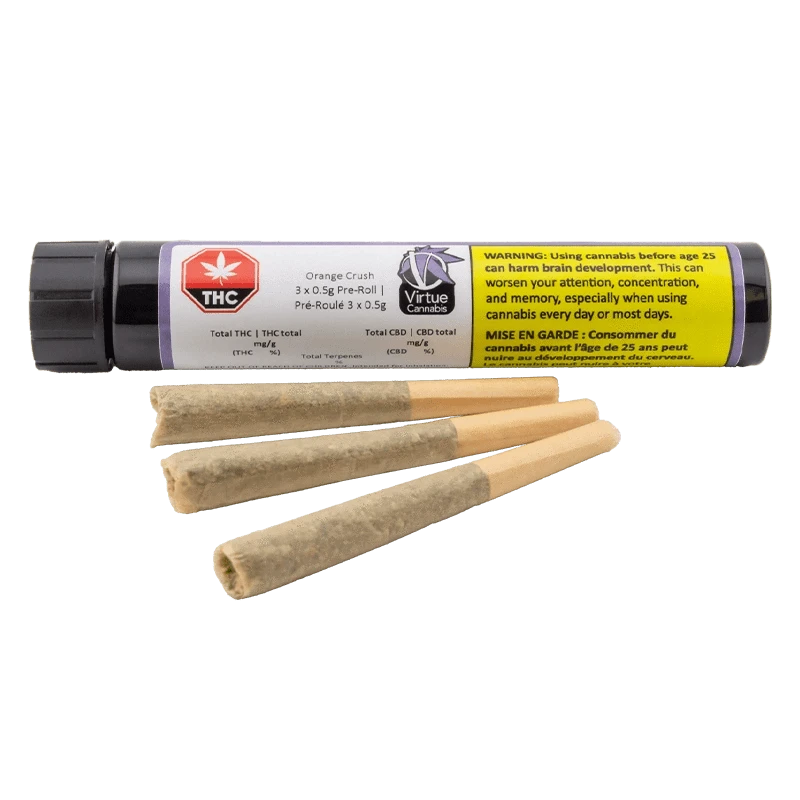 Front view of the Orange Crush Pre Rolled 3 x 0.5 g package featuring warning text against early cannabis use.