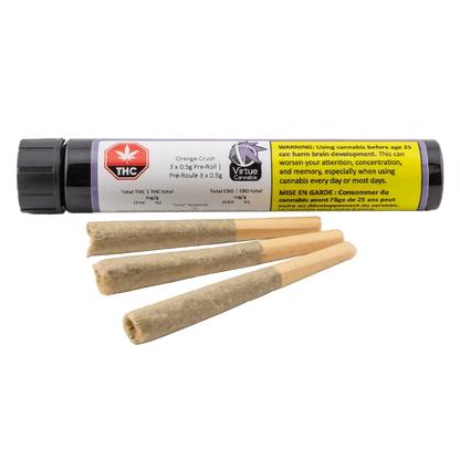 Front view of the Orange Crush Pre Rolled 3 x 0.5 g package featuring warning text against early cannabis use.