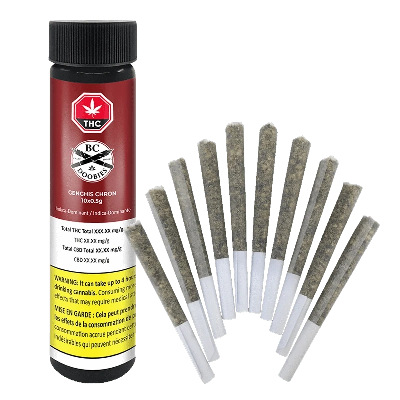 A close-up of the Genghis Chron Pre Rolled 10 x 0.5 g package, displaying branding elements against a plain backdrop.
