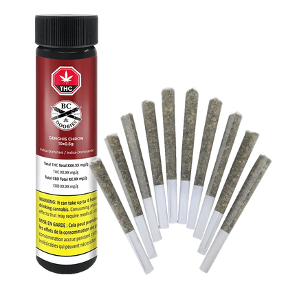 A close-up of the Genghis Chron Pre Rolled 10 x 0.5 g package, displaying branding elements against a plain backdrop.