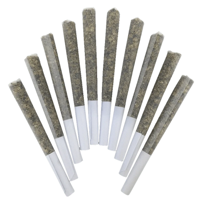 A top-down view of ten Genghis Chron Pre Rolled 0.5 g pre-rolls, arranged in a fan-like pattern against a plain white background.
