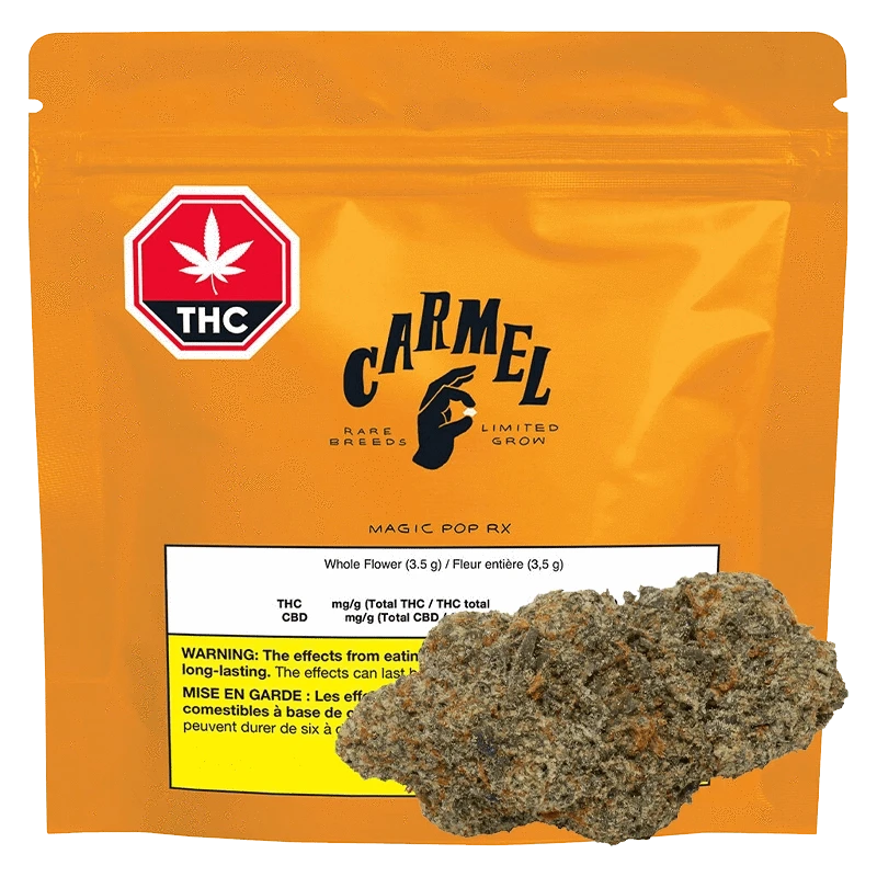 Front view of the Magic Pop RX packaging, featuring a graphic of a cannabis leaf and bold lettering on a white background.
