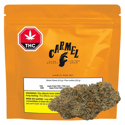 Front view of the Magic Pop RX packaging, featuring a graphic of a cannabis leaf and bold lettering on a white background.