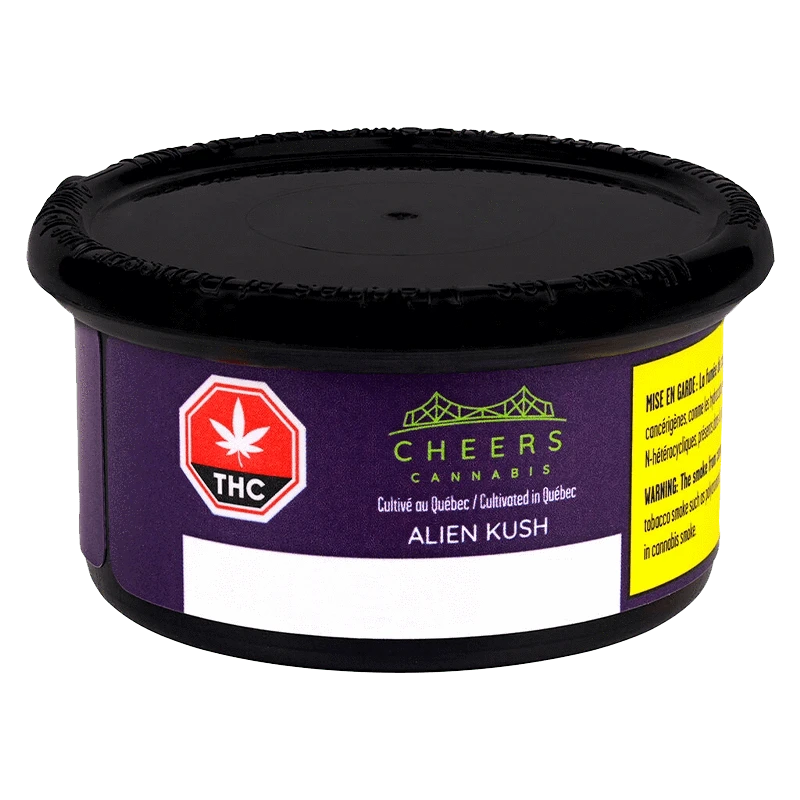 Front view of the Alien Kush cannabis package, featuring a dark background with white text and branding elements.