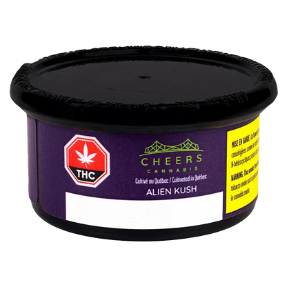 Front view of the Alien Kush cannabis package, featuring a dark background with white text and branding elements.