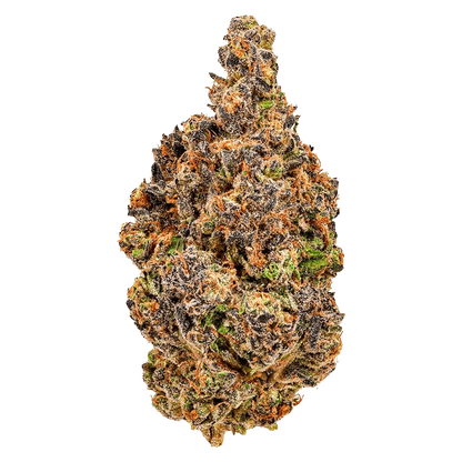 Close-up, top-down view of the Alien Kush, showcasing its dense, textured bud with a mix of green and amber tones.