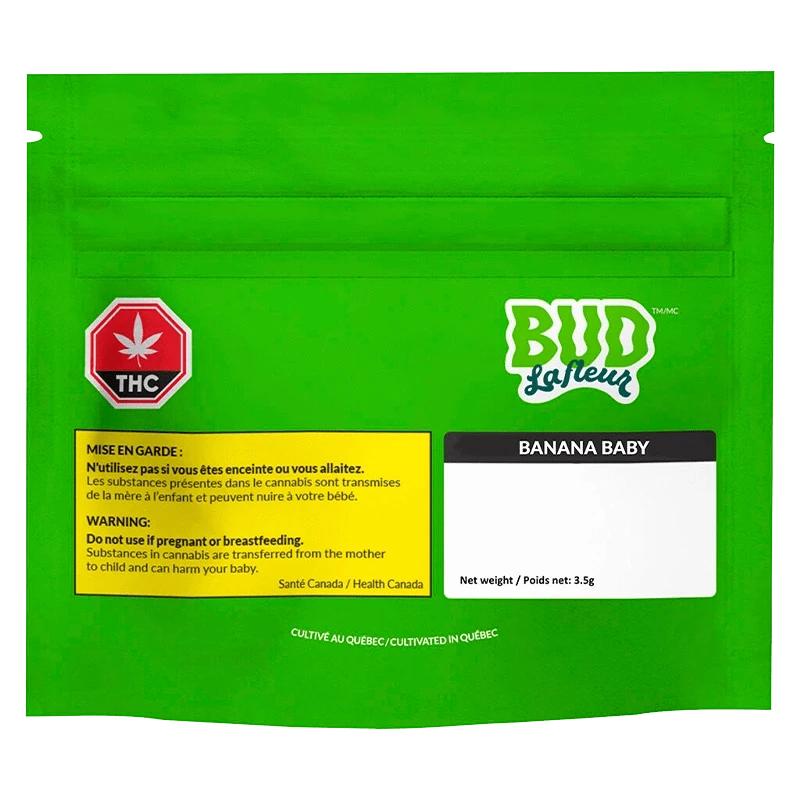 Front view of the “Banana Baby” package, featuring cannabis warning text over a white background.