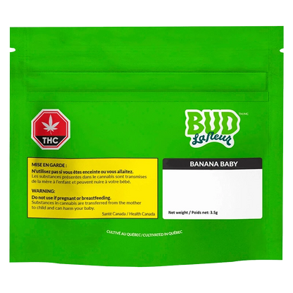 Front view of the “Banana Baby” package, featuring cannabis warning text over a white background.