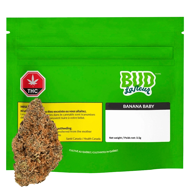 A close-up of the Banana Baby package with vibrant, playful lettering and a cannabis leaf logo on a black background.