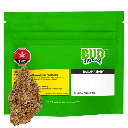 A close-up of the Banana Baby package with vibrant, playful lettering and a cannabis leaf logo on a black background.