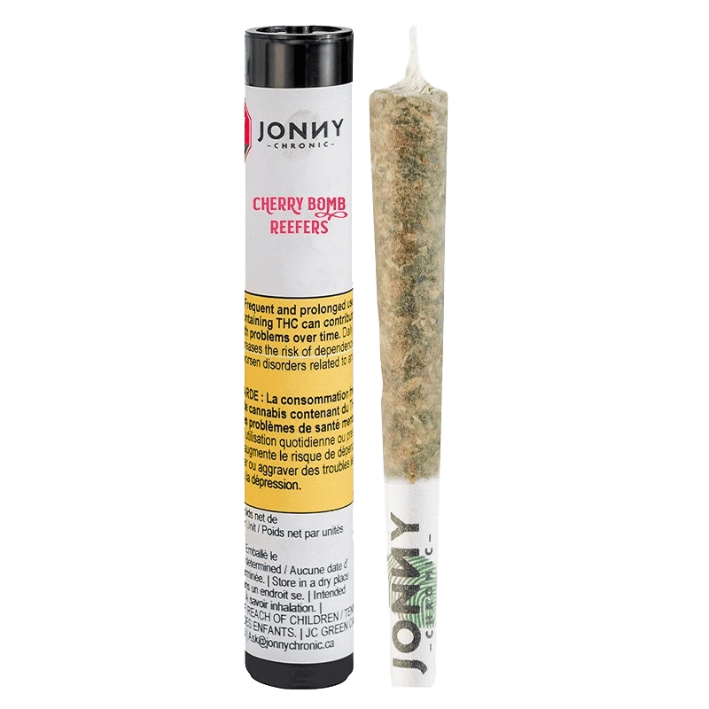Front view of the Cherry Bomb Reefers Pre Rolled 5 x 1 g packaging, displaying text in white on a dark background.