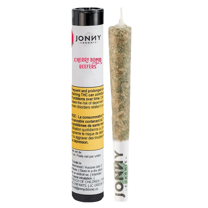 Front view of the Cherry Bomb Reefers Pre Rolled 5 x 1 g packaging, displaying text in white on a dark background.