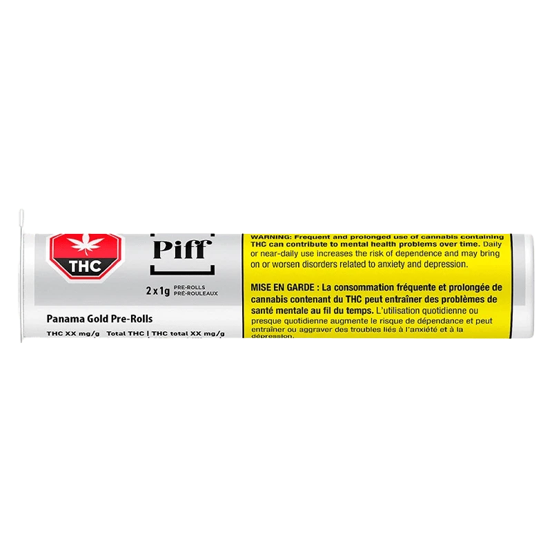 Horizontal studio shot of the Panama Gold PR 2 x 1 g tube showing white packaging, black "Piff" branding and a yellow bilingual THC warning panel.