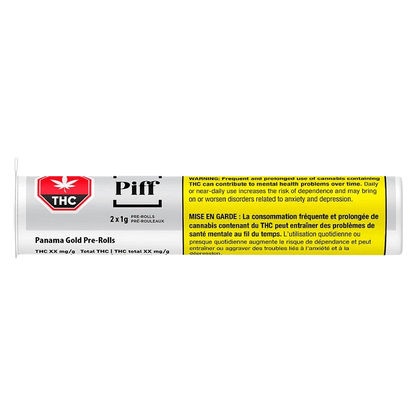 Horizontal studio shot of the Panama Gold PR 2 x 1 g tube showing white packaging, black "Piff" branding and a yellow bilingual THC warning panel.