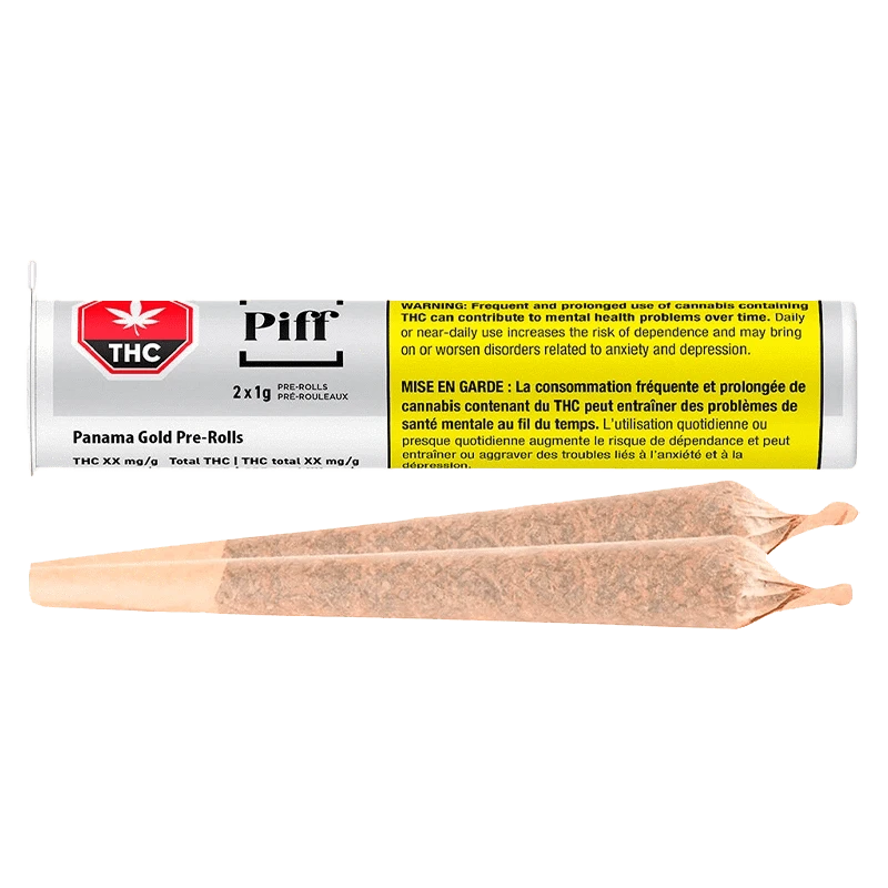 Front view of the “Panama Gold Pre Rolled 2 x 1 g” pre-rolls packaging with a warning label, against a dark background.