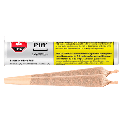 Front view of the “Panama Gold Pre Rolled 2 x 1 g” pre-rolls packaging with a warning label, against a dark background.
