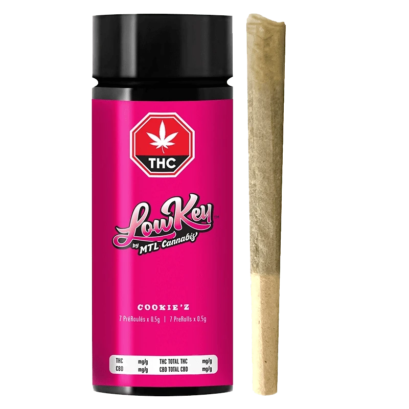 Front view of the Cookie'z Pre Rolled 7 x 0.5 g package, displaying bold lettering and a cannabis leaf logo against a black background.