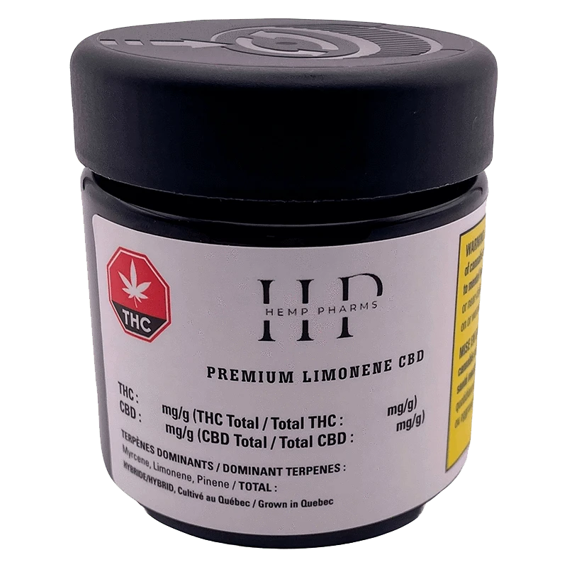 Front view of the Premium Limonene CBD product label against a white background, showcasing bold text and a cannabis leaf icon.