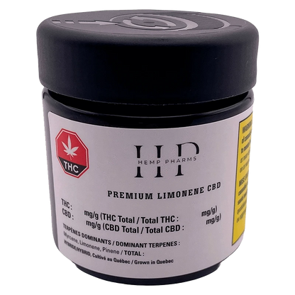 Front view of the Premium Limonene CBD product label against a white background, showcasing bold text and a cannabis leaf icon.