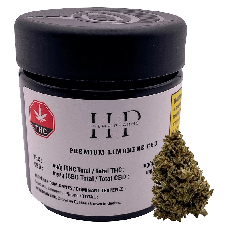 Front view of the Premium Limonene CBD packaging, displaying a white label with black text against a dark background.
