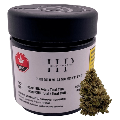 Front view of the Premium Limonene CBD packaging, displaying a white label with black text against a dark background.