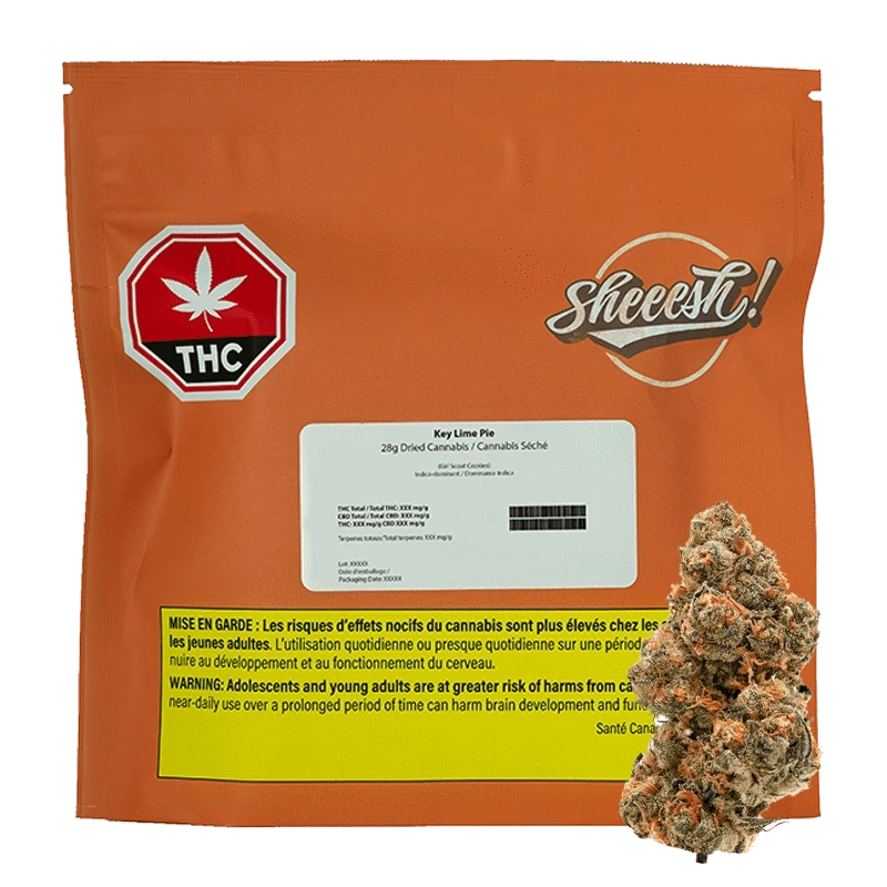 A close-up of the Key Lime Pie package shows a green and white label with cannabis information, against a black background.