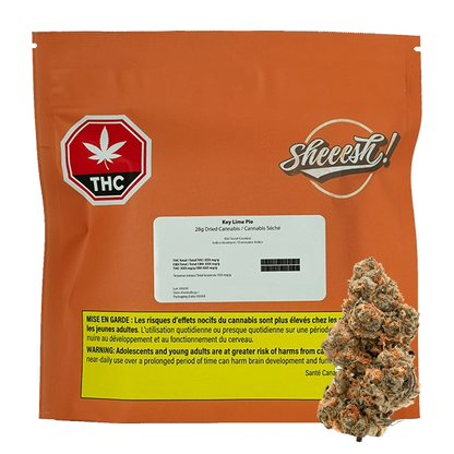 A close-up of the Key Lime Pie package shows a green and white label with cannabis information, against a black background.