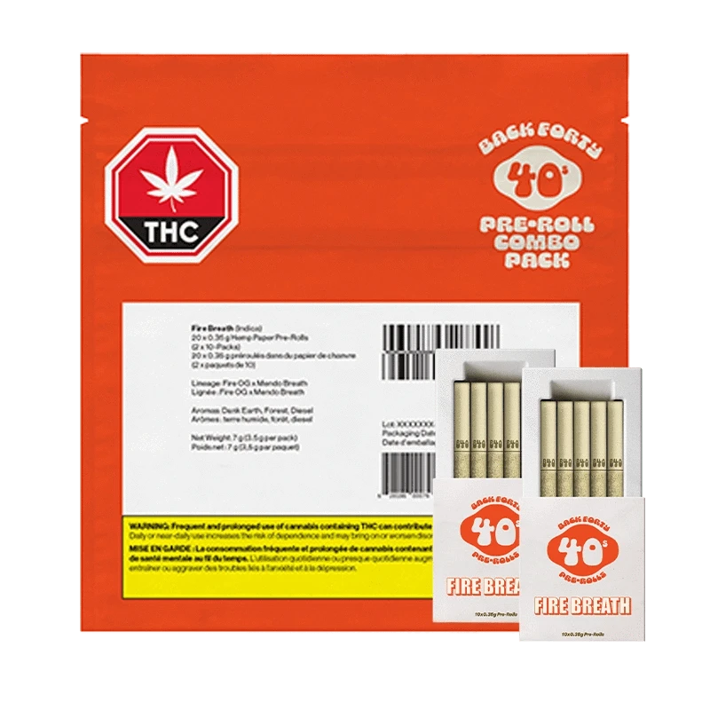 Front view of the Fire Breath Pre Rolled 20 x 0.35 g pre-roll pack, featuring bold branding and a stacked arrangement of individual rolls.