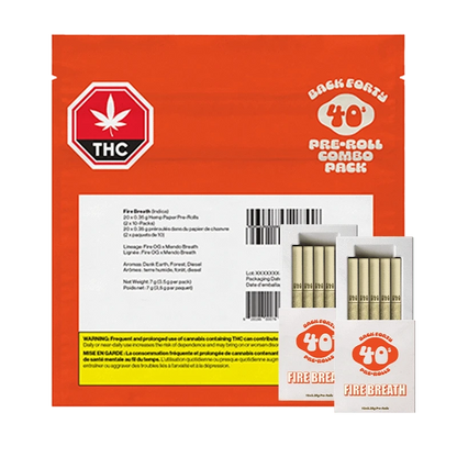 Front view of the Fire Breath Pre Rolled 20 x 0.35 g pre-roll pack, featuring bold branding and a stacked arrangement of individual rolls.