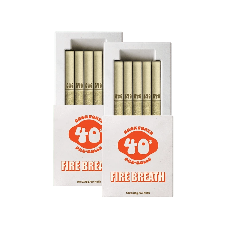 Front view of the Fire Breath Pre Rolled 20 x 0.35 g pre-rolls arranged in a stack with the branding visible on the packaging.
