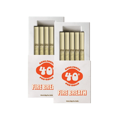 Front view of the Fire Breath Pre Rolled 20 x 0.35 g pre-rolls arranged in a stack with the branding visible on the packaging.