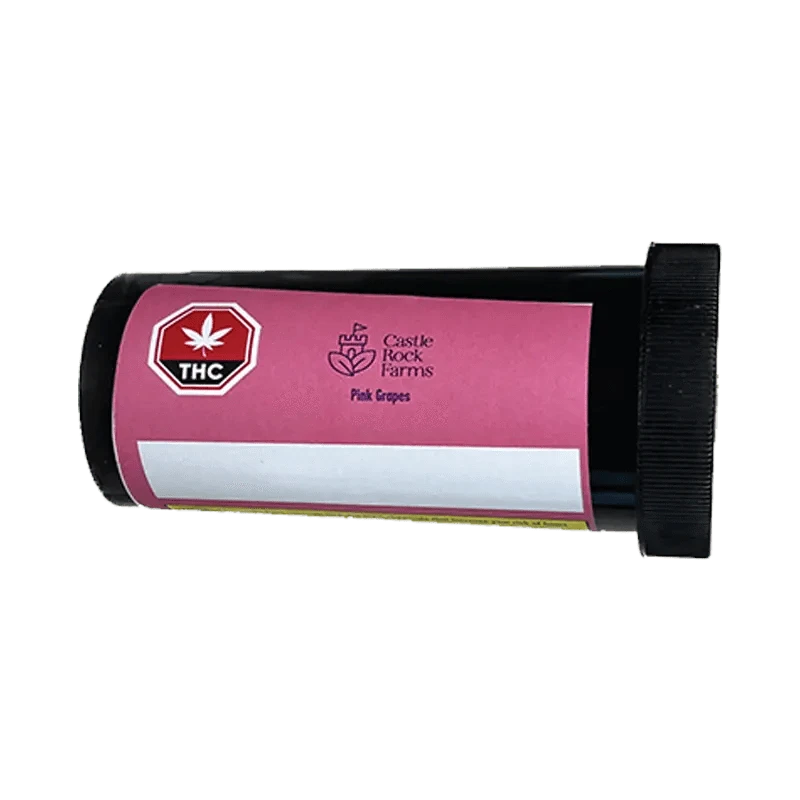 Front view of the Pink Grapes Pre Rolled 20 x 0.5 g packaging, displaying a cylindrical container with brand labeling on a white background.