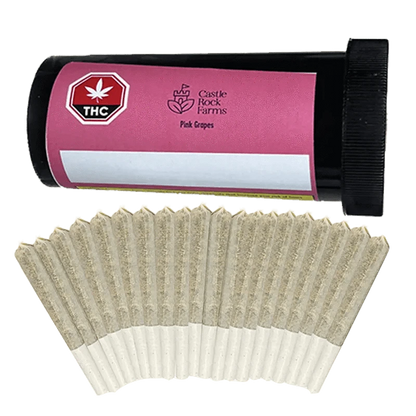 Front view of the Pink Grapes Pre Rolled 20 x 0.5 g pre-roll pack, showcasing twenty slim, cylindrical cannabis rolls.