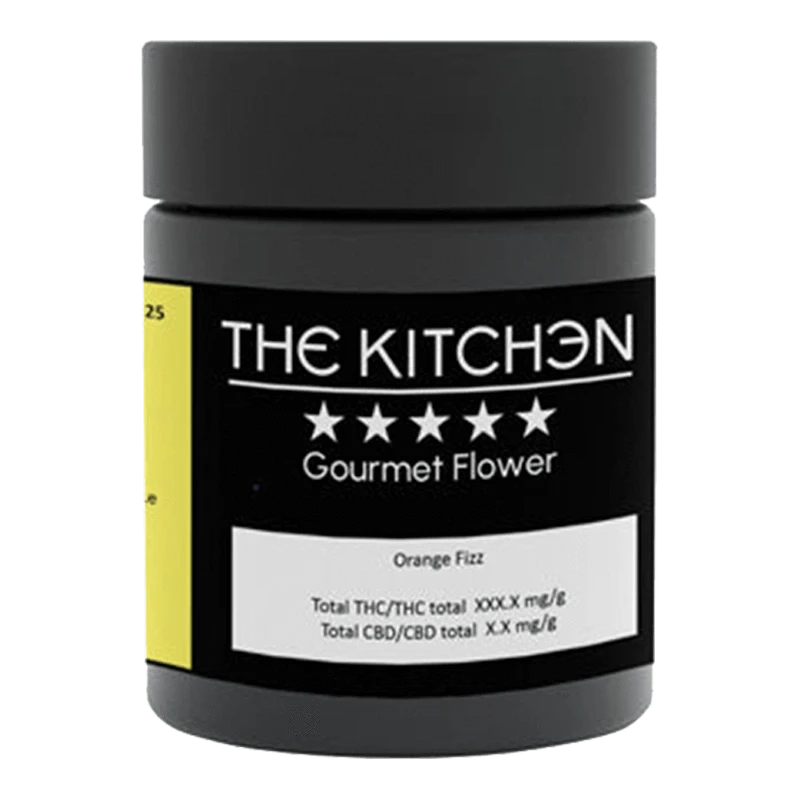 A close-up of the Orange Fizz container, showing its label against a solid, dark background.