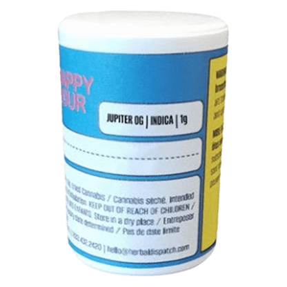 Close-up of the Happy Hour Jupiter OG packaging with bold text against a vibrant blue background.