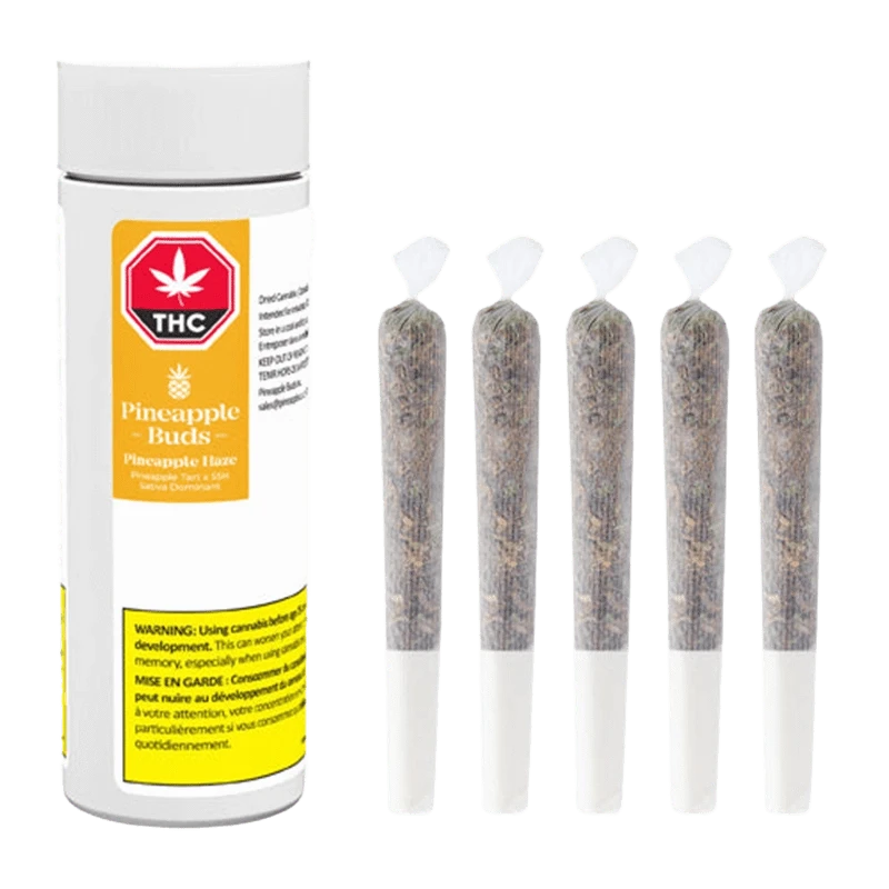 A close-up, vertical view of the Pineapple Haze Pre Rolled 5 x 0.5 g pre-rolled joints with a dark background.