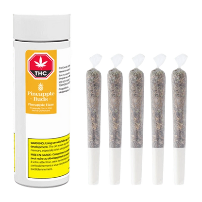 A close-up, vertical view of the Pineapple Haze Pre Rolled 5 x 0.5 g pre-rolled joints with a dark background.