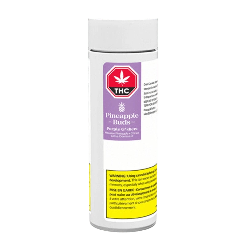 Front view of the Purple G*Shers Pre Rolled 5 x 0.5 g package with warnings and branding in white text on a black background.
