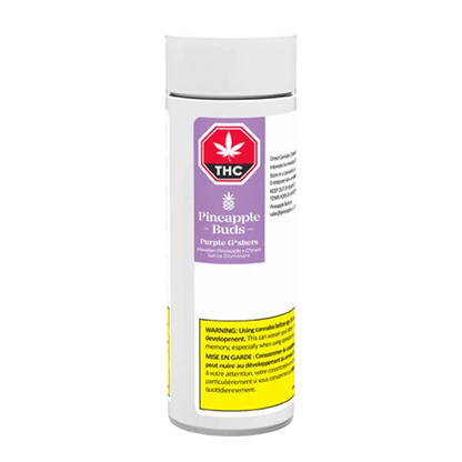 Front view of the Purple G*Shers Pre Rolled 5 x 0.5 g package with warnings and branding in white text on a black background.