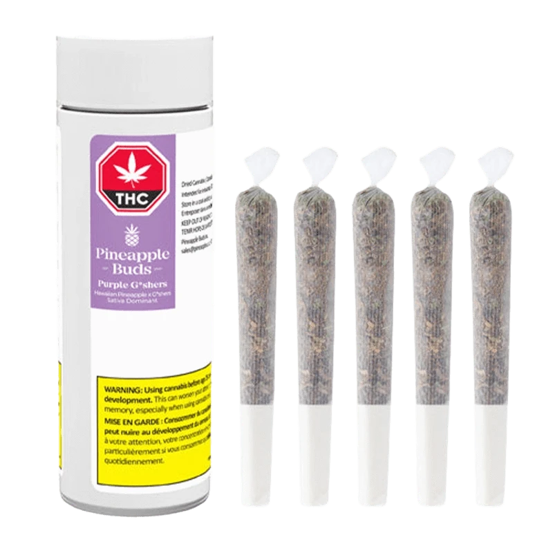 Front view of the Purple G*Shers Pre Rolled 5 x 0.5 g pre-rolls in branded packaging, displaying a warning label and product details.