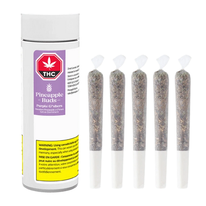 Front view of the Purple G*Shers Pre Rolled 5 x 0.5 g pre-rolls in branded packaging, displaying a warning label and product details.
