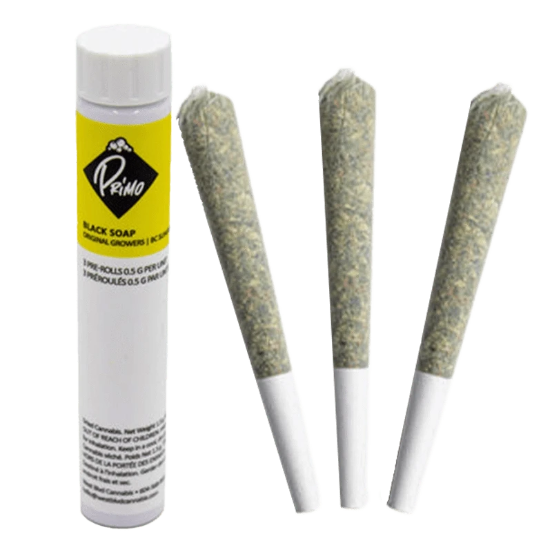 A close-up shot of three BC Sungrown Black Soap Pre Rolled 0.5 g joints against a plain white background.